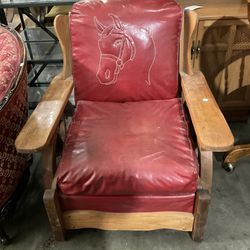 Vintage Rustic Farmhouse Leather Chair With Horse Embroidery 