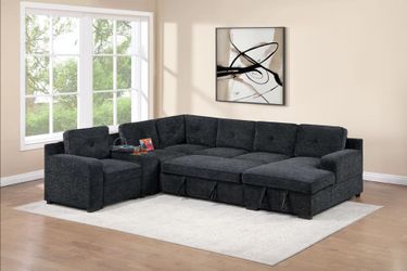 🎲 Sectional Sofa Bed, Black Chenille Fabric, USB Ports, Cup Holder, Sleeper, New in the Box.