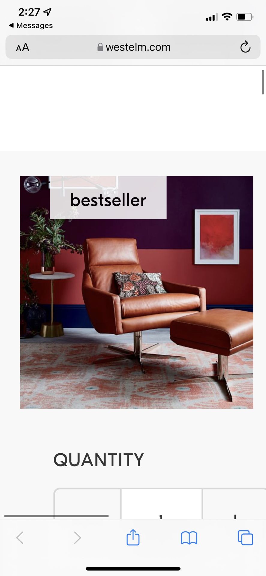 West Elm Austin Leather Swivel Chair and Ottoman