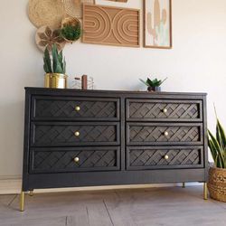 Boho-Chic/Modern Black with gold dresser 6 drawers solid wood