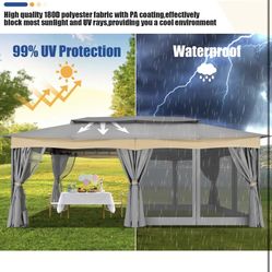 Gazebo Patio Gazebo, Outdoor Gazebo Double-Tier Roof Gazebo Tent with Curtains and Nettings, Outdoor Canopy with Metal Steel Frame Suitable for 
