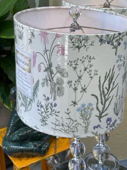 2 resin clear modern lamp with brand new flowered lampshades!