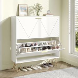 Shoe Cabinet with 2 Flip Drawers, Shoe Cabinet Storage for Entryway, White Shoe Storage Cabinet, Slim Wooden Freestanding Shoe Rack, Shoe Organizer wi