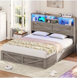 Farmhouse Bed Frame King size with Bookcase Storage Headboard, Charging Station and LED Lights, Wooden Queen Bed Frame with 3 Drawers, Barn Door Desig