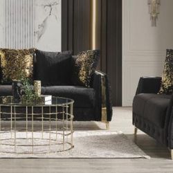 New Stock Black Velvet High Quality Sofa Klick Klack 2pc Sofa Loveseat Special 