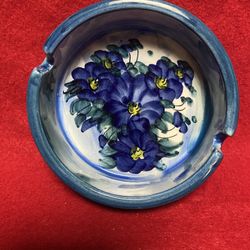 Set of 2 4 Inch Handmade Hand Painted Blue Ceramic Greek Floral Design Ashtrays Imported From Greece  