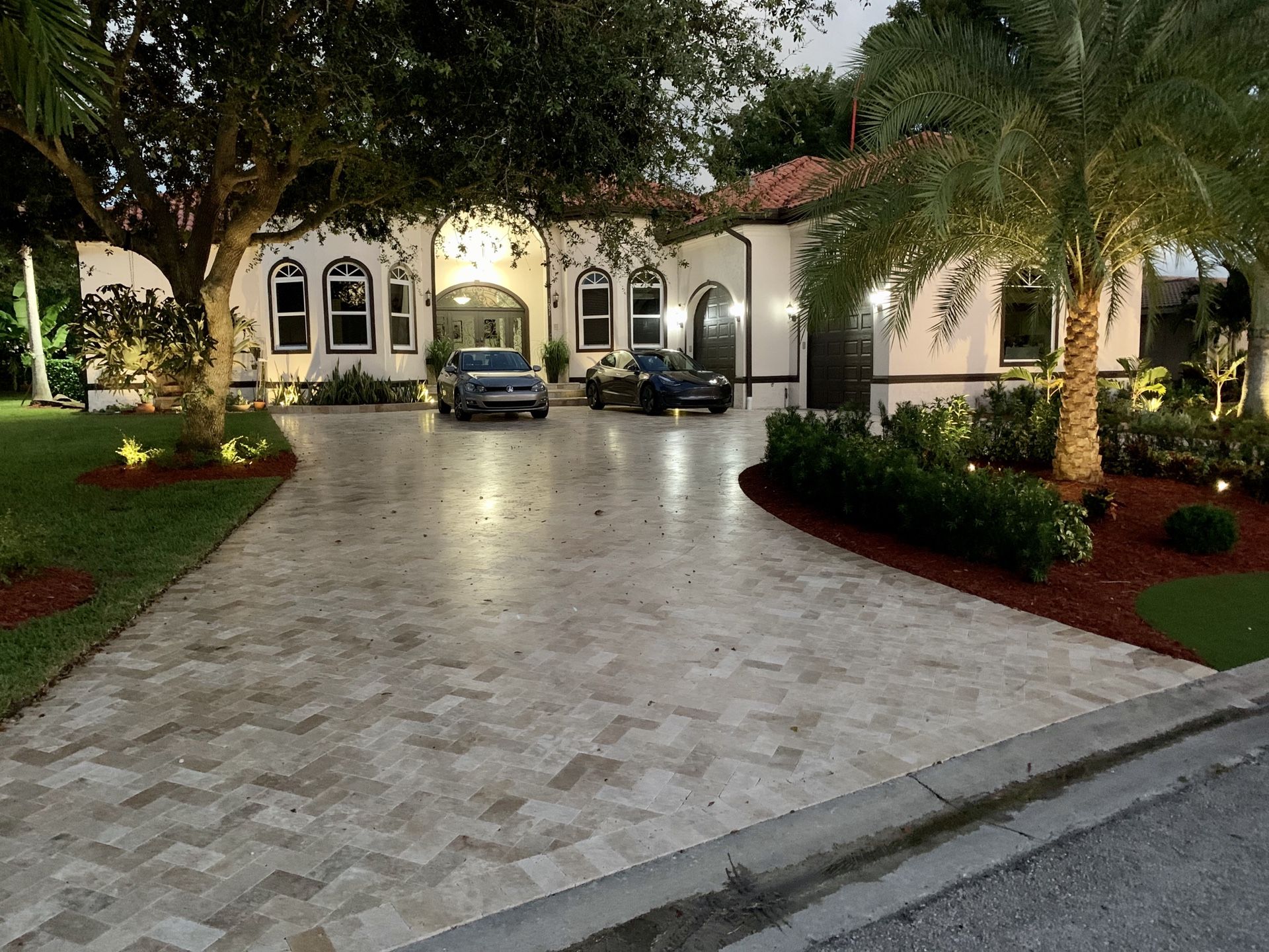 Travertine/block Pavers and artificial grass