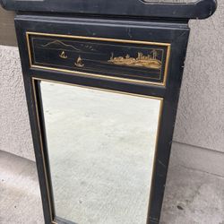 Title: Vintage Chinoiserie Black Lacquer Pagoda Mirror – Hand-Painted Gilt Scene