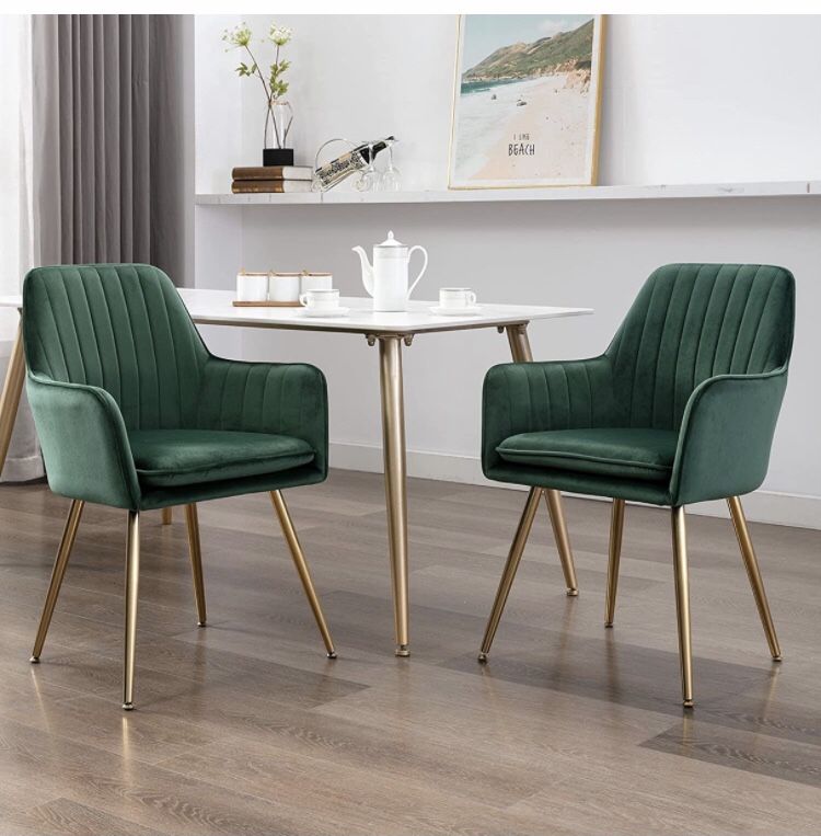 Set Of 2 Velvet Dining Chair，Accent Chair, Modern Leisure Armchair Living Room Chair，Home Desk Chair，Golden Metal Legs (Emerald Green) Set of 2