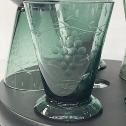 Set of (5) Beautiful 1980's Venetian India Green Etch Grape Footed Whiskey Glasses. Hand Crafted Barware. 
