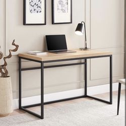Natural Oak Writing Computer Desk, 47 Inch Home Office Desk, Wood and Metal