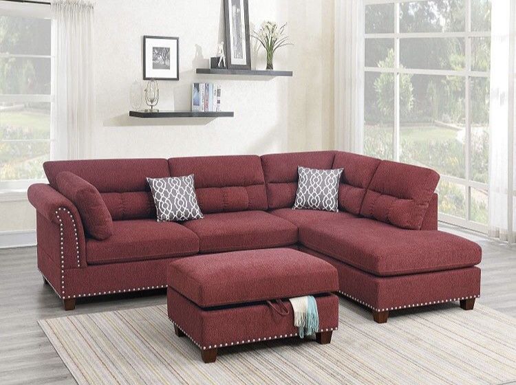 Brand New Reversible Red Velvet Like Sectional Sofa + Storage Ottoman