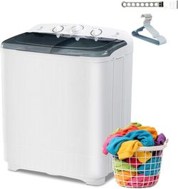 K563 $75  Mini Twin Tub 22Lbs Washing Machine with Drying Rack & 10 Hangers, Washer(13Lbs) and Spinner(9Lbs) Combo with Timer Knob, Compact Semi-autom