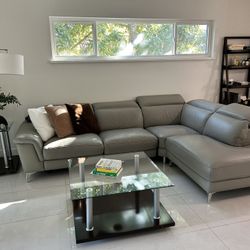 Gray Leather Right Bumper Power Reclining Sectional 