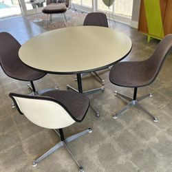 Herman Miller Eames Contract Base 42” Round Table and Upholstered Pivot Side Chairs