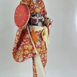 Vintage Japanese Doll redKimono Geisha Maiko Traditional Folk Craft 15”
