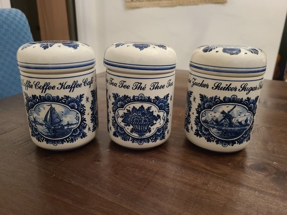 Vintage Delft Blue Canister Set of 3 Sugar, Tea, and Coffee