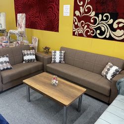 Brown Fabric Sofa Set Sleeper 2pc - Delivery And Financing Available 