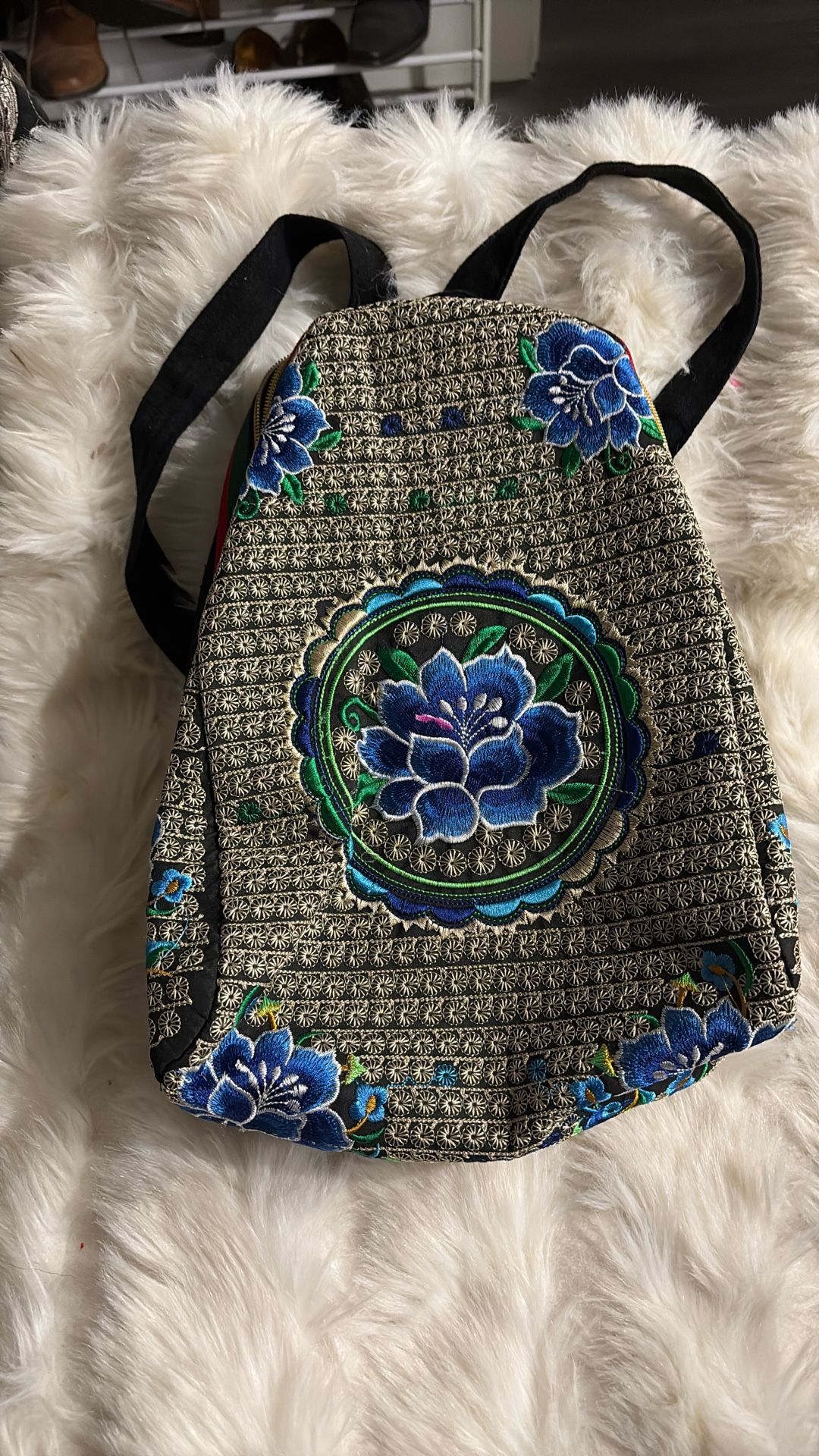 Floral Embroidered Backpack Black And Blue.