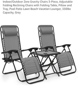 ndoor/Outdoor Zero Gravity Chairs 3-Piece, Adjustable Folding Reclining Chairs with Folding Table, Pillow and Tray, Pool Patio Lawn Beach Vacation Lou