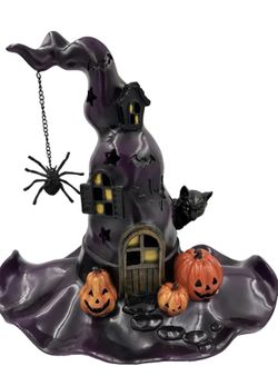 Toile and Trouble Witch Hat LED Decor with Sound Dangling Spider Cat Halloween