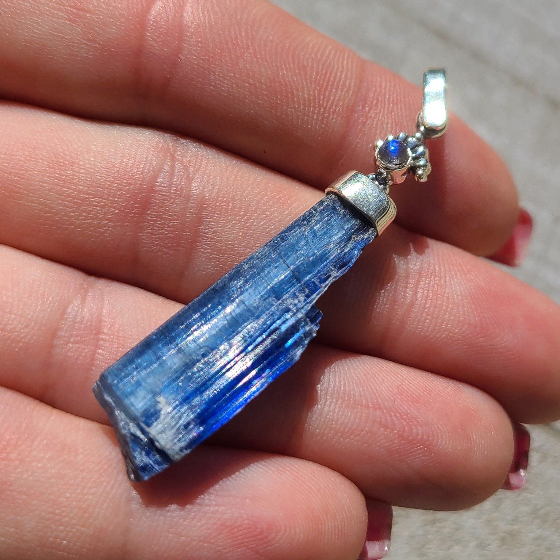 Kyanite Rough & Rainbow Moonstone 925 Pendant