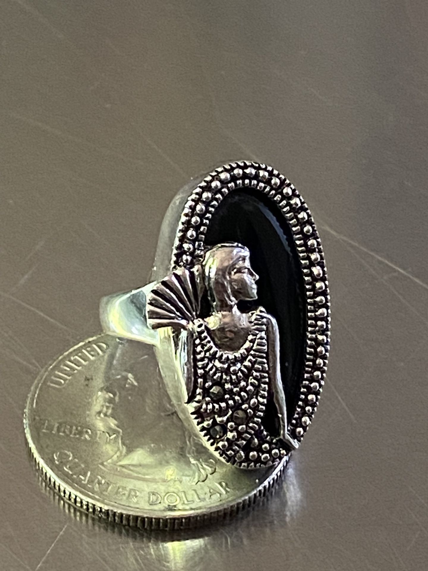 Vintage 925 BBJ Sterling Silver lady black stone Ring 5