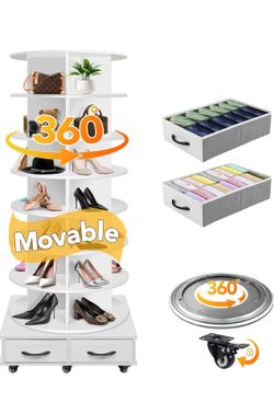8 Tier Rotating Shoe Rack Tower contains 2 drawers, Spinning Shoe Rack Display Lazy Susan, Revolving 360 Shoe Racks Storage Round Carousel, Equipped w
