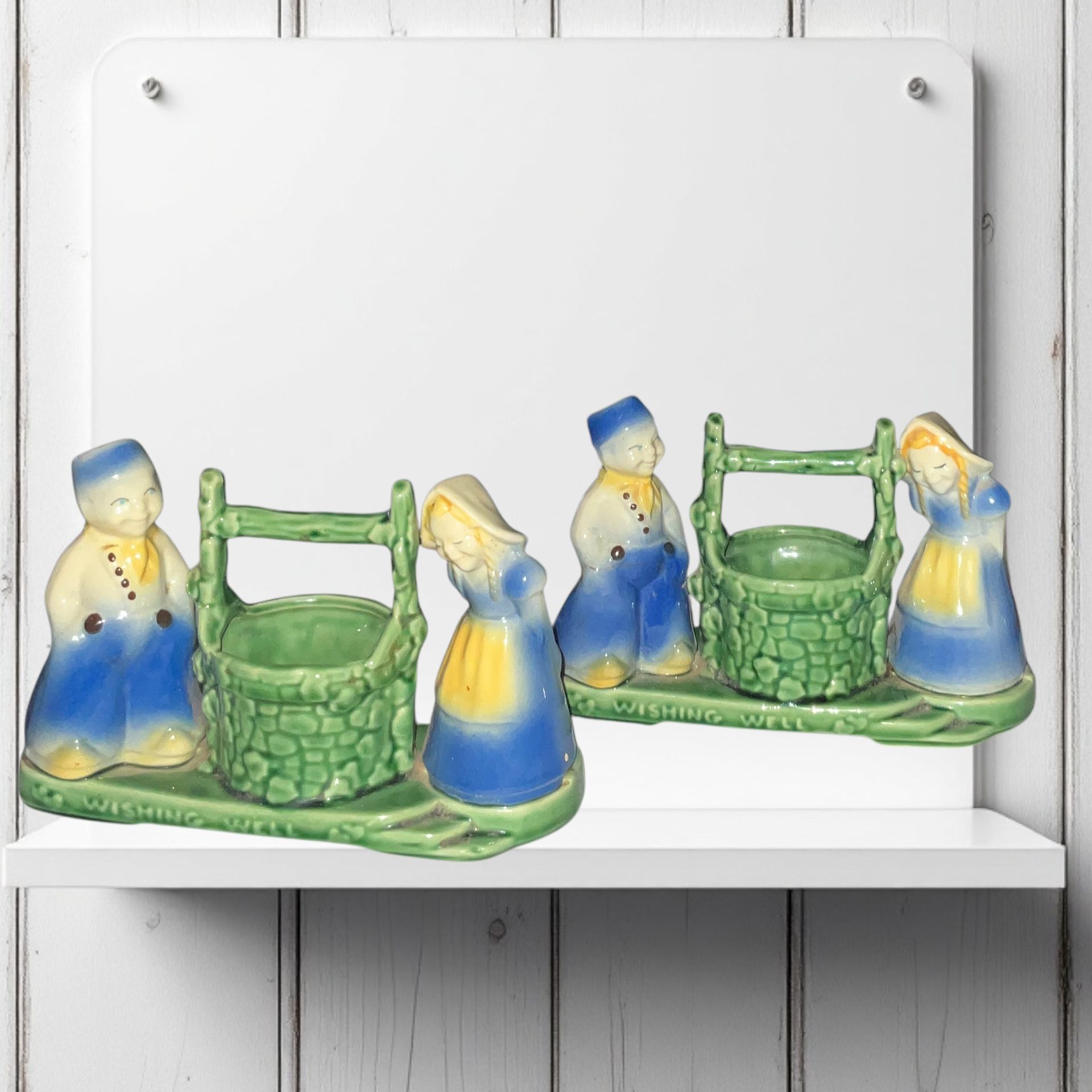 2 Vintage Antique Shawnee Pottery Wishing Well Planters Dutch Boy & Girl