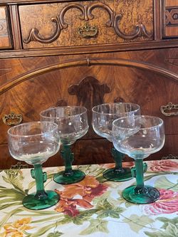 Set of FOUR Cactus Margarita Glasses Libby Green stems