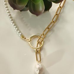 Stainless Steel Jewelry Pearl Pendant Round Beads Gold Plated Chain Necklace Women Fashion Simple Clavicle Necklace