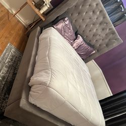 Queen Upholstered Bed Frame w/ Tall Tufted Headboard – Great Condition