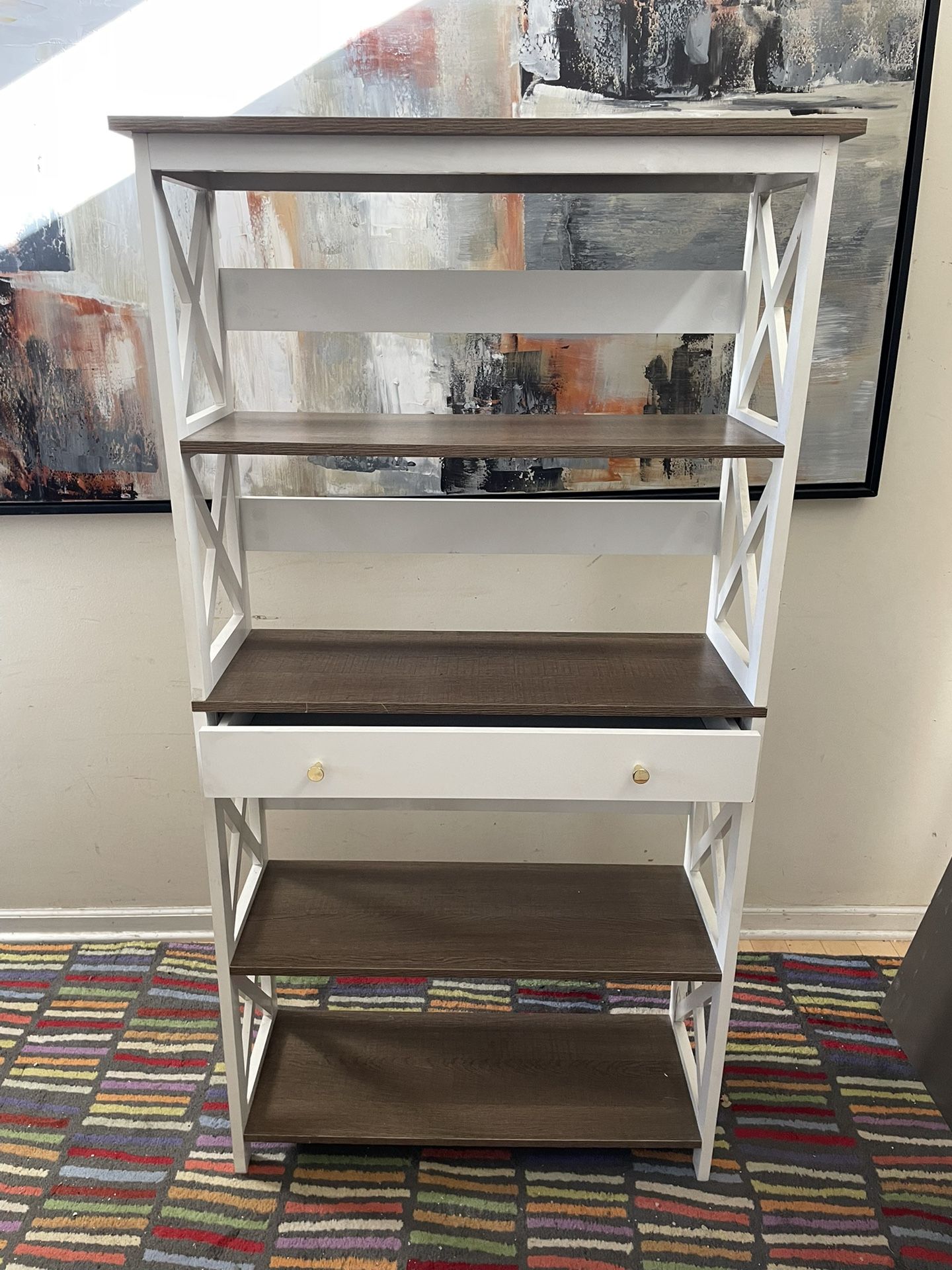 4-Tier Display Shelving/ Bookcase with Pull Out Drawer-White /Brown 