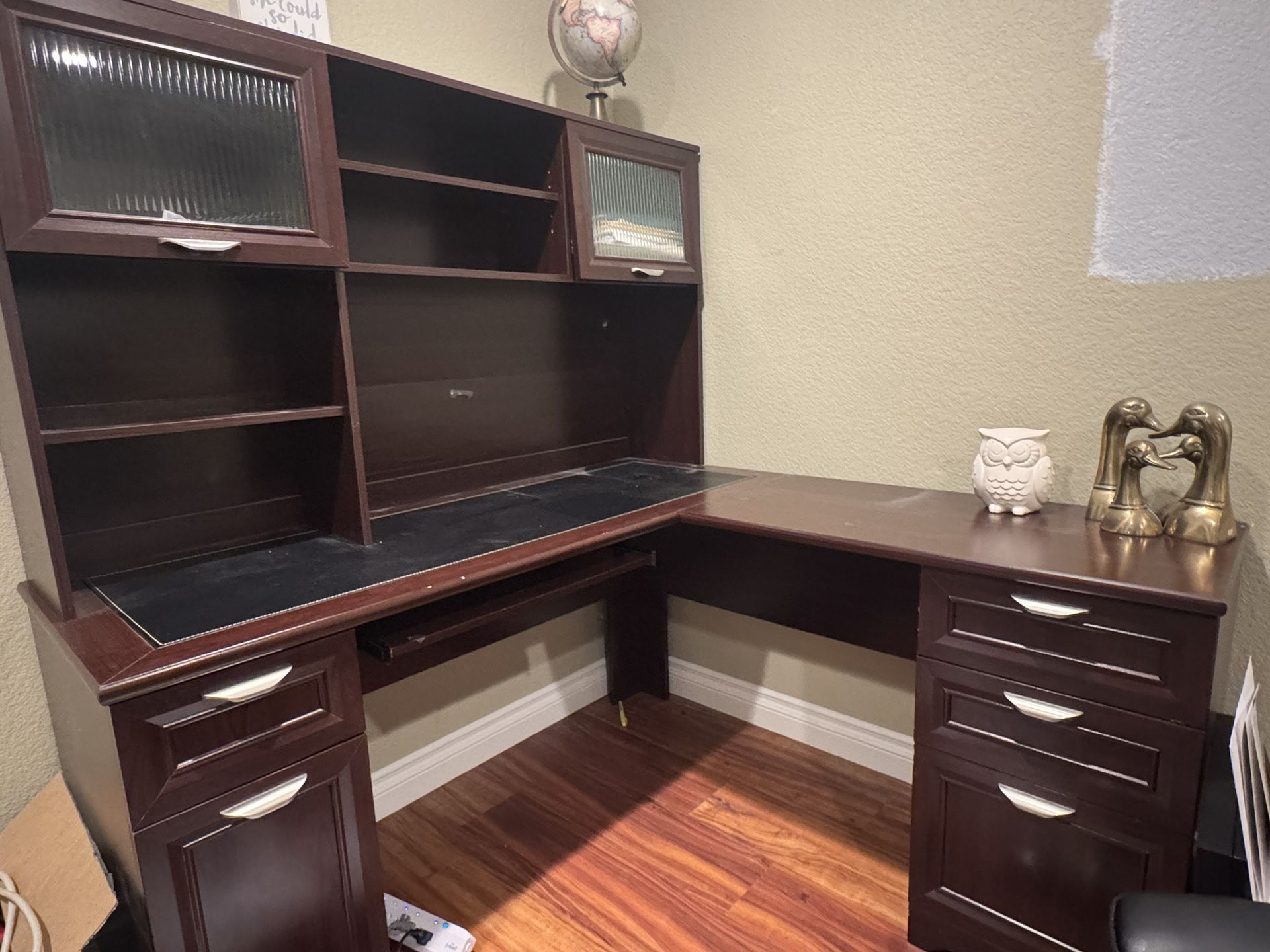 L-shaped Desk And Credenza-Dark Cherry 