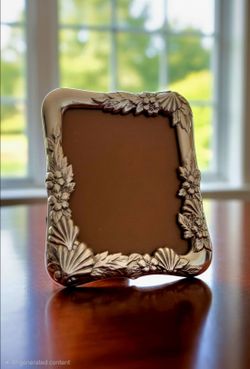 Large Vintage Ornate Silver Mexican Pewter Picture Frame With Shells and Floral