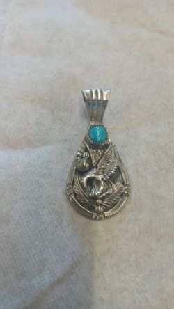 Vintage Sterling Silver Indian Navajo Eagle Pendant With Turquoise