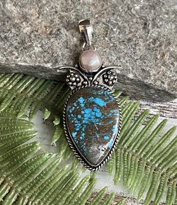Natural Turquoise & Pearl Silver Gemstone 2.5” Pendant