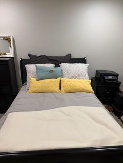 Black Wood Sleigh Bed Frame, mattress,nightstand and dresser