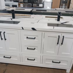 60" Solid Wood Bathroom Vanity with Quartz Top, Sinks, & Faucets for $1650