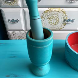 Teal Wooden Decorative Bowl Amd Mortal
