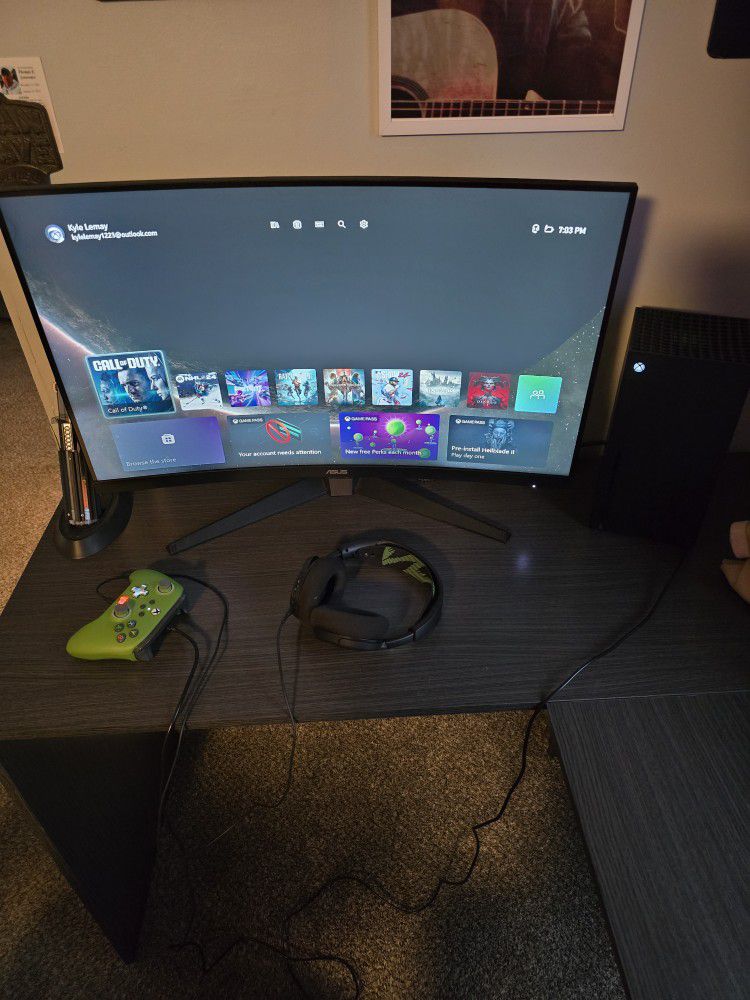 Xbox Series X, ASUS Monitor, Wired Controller, and Steelseries Headphones