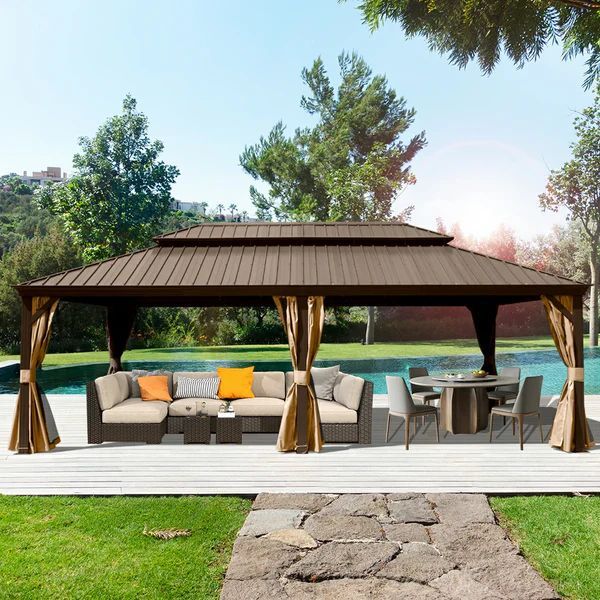 14x24FT Hardtop Gazebo Outdoor Gazebo with Galvanized Steel Double Roof Aluminum Frame Built in Gutter System Curtain and Netting Metal Gazebo Pa
