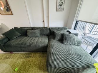 Large Olive Green Corduroy Sectional Sofa with Chaise
