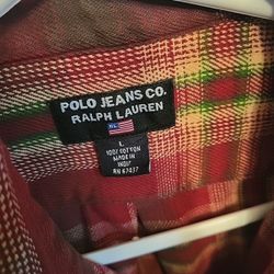 Polo Jeans Company Ralph Lauren Mens L Orange Brown Check Long Sleeve Shirt VTG