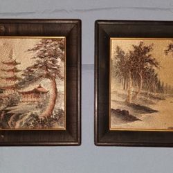 Two Framed Vintage Japanese Silk Embroidery Tapestries Temple Landscape Scenes 