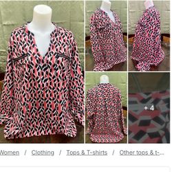 Notations Women 3X Geometric Cube Print Blouse Pink Black White Zip Accent Top