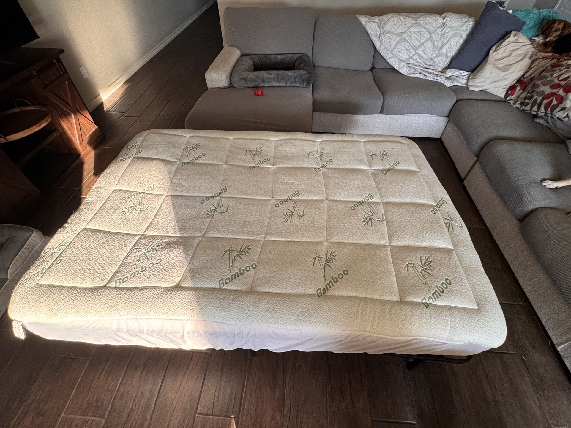 Full Mattress, metal frame, and mattress topper!
