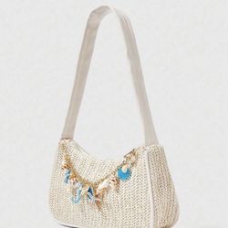 Small Beige Woven Straw Shoulder Bag with Shell, Starfish, Seahorse, Pearl Charms