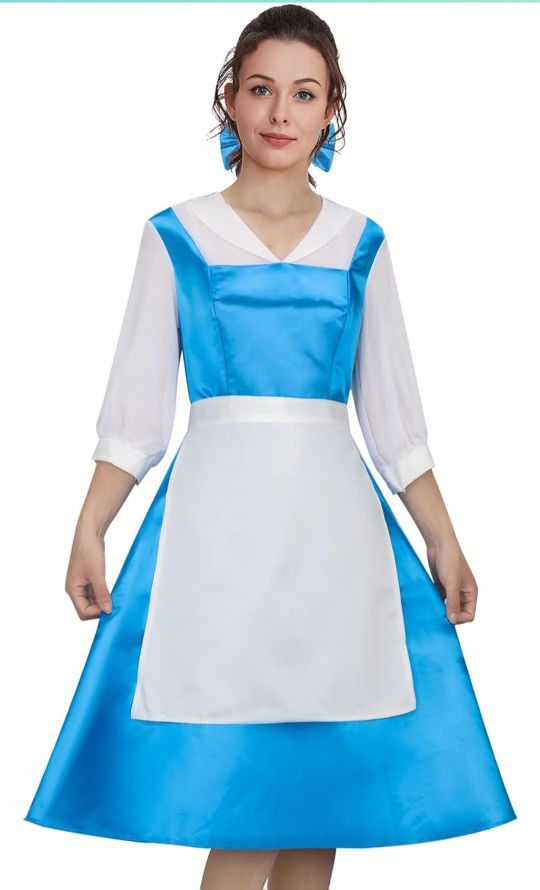 Adult Belle Cosplay Costume Maid Blue Dress Outfit Women Girls Beauty Princess Halloween Party Ball Gown Dress up

