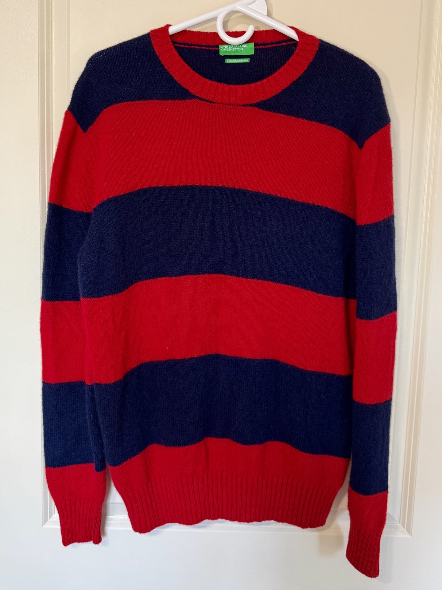 Benetton Shetland Wool Sweater Red Navy Striped Size M Made in Bosnia